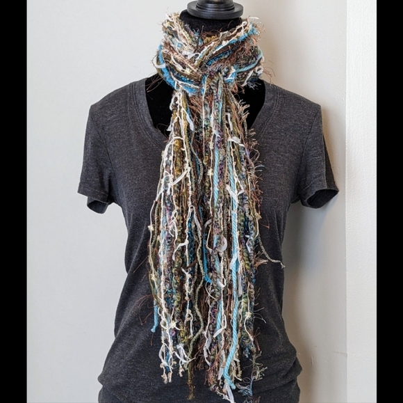 Handmade Fringe Scarf - Teal Aqua Blue Green Gray White Brown Gold Flowy Chic - Picture 5 of 13